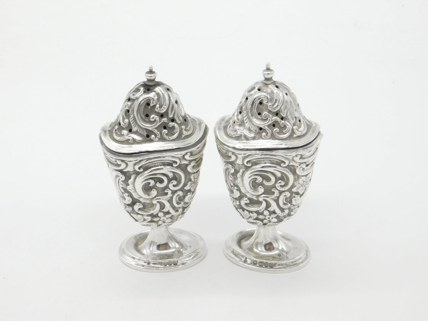 Victorian Pair of Sterling Silver Floral Pattern Salt & Pepper Shakers 1894