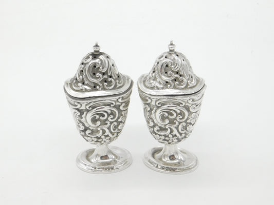 Victorian Pair of Sterling Silver Floral Pattern Salt & Pepper Shakers 1894