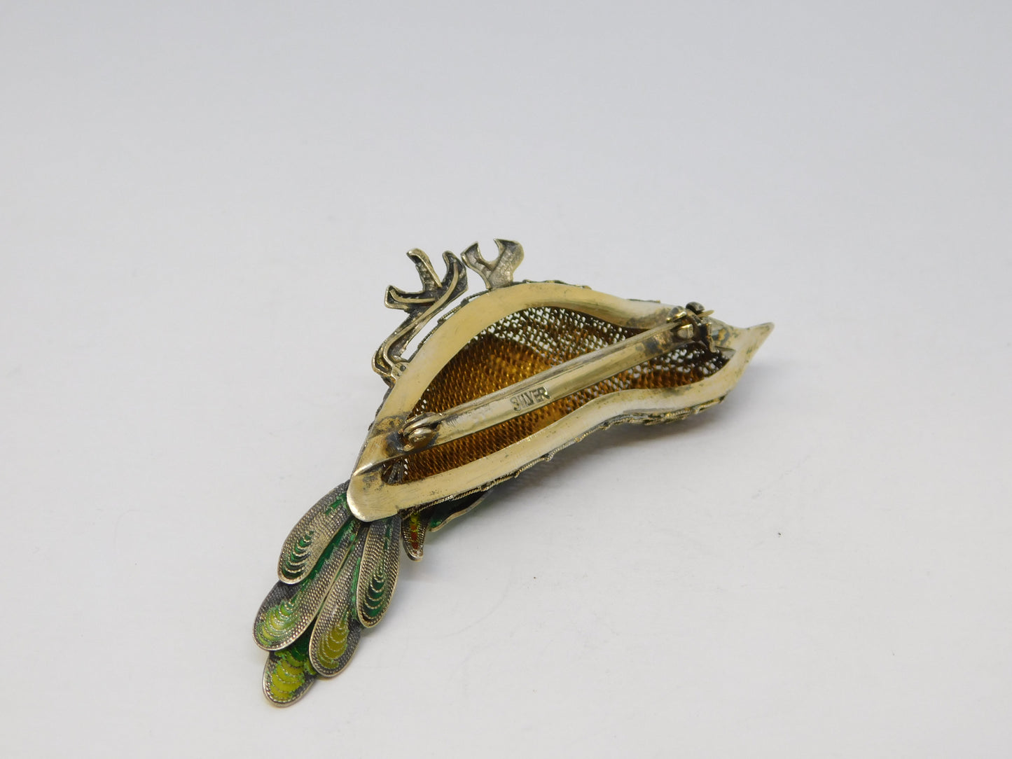 Chinese Sterling Silver Gilt & Enamel Bird Sweetheart Brooch Vintage c1950