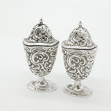 Victorian Pair of Sterling Silver Floral Pattern Salt & Pepper Shakers 1894