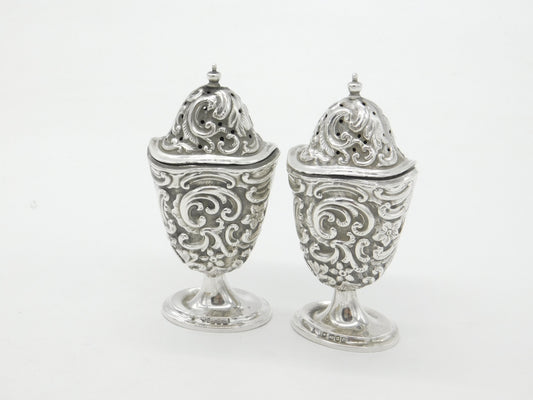 Victorian Pair of Sterling Silver Floral Pattern Salt & Pepper Shakers 1894