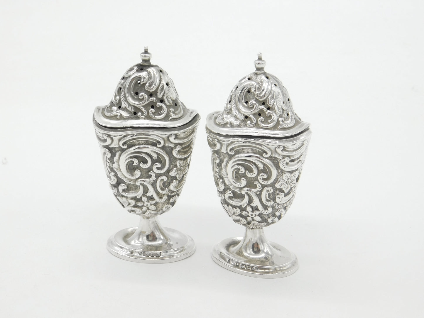 Victorian Pair of Sterling Silver Floral Pattern Salt & Pepper Shakers 1894