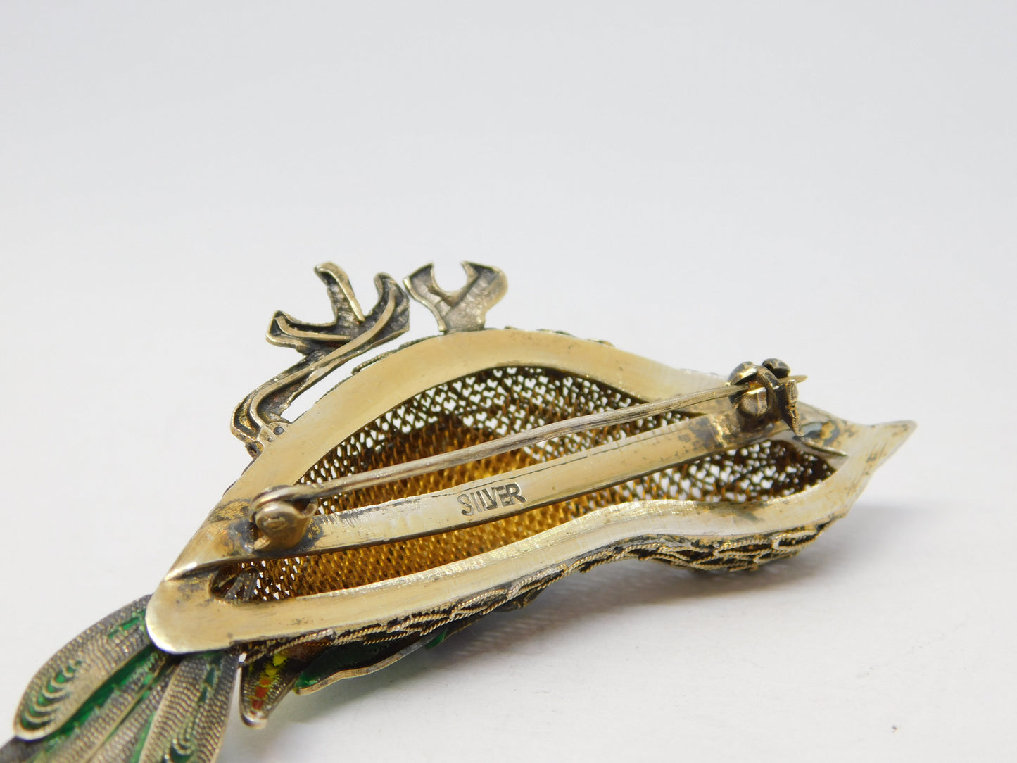 Chinese Sterling Silver Gilt & Enamel Bird Sweetheart Brooch Vintage c1950