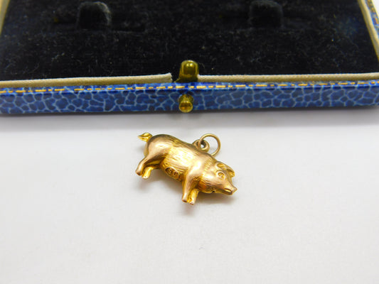 Edwardian 9ct Yellow Gold Little Pig Charm Pendant Antique c1910