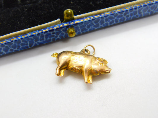 Edwardian 9ct Yellow Gold Little Pig Charm Pendant Antique c1910