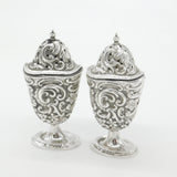 Victorian Pair of Sterling Silver Floral Pattern Salt & Pepper Shakers 1894