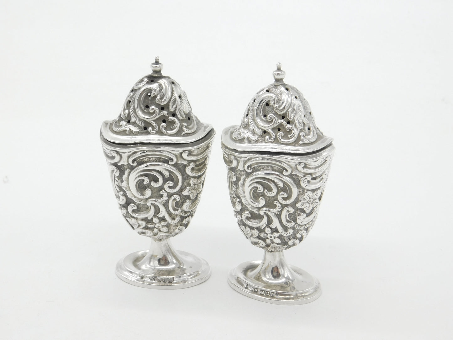 Victorian Pair of Sterling Silver Floral Pattern Salt & Pepper Shakers 1894