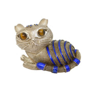 Chinese Sterling Silver, Blue Enamel & Tiger's Eye Cat Brooch Vintage c1960