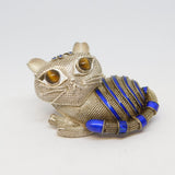 Chinese Sterling Silver, Blue Enamel & Tiger's Eye Cat Brooch Vintage c1960