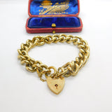 Large 9ct Yellow Gold Curb Link Charm Bracelet with Heart Lock Clasp 1978 London