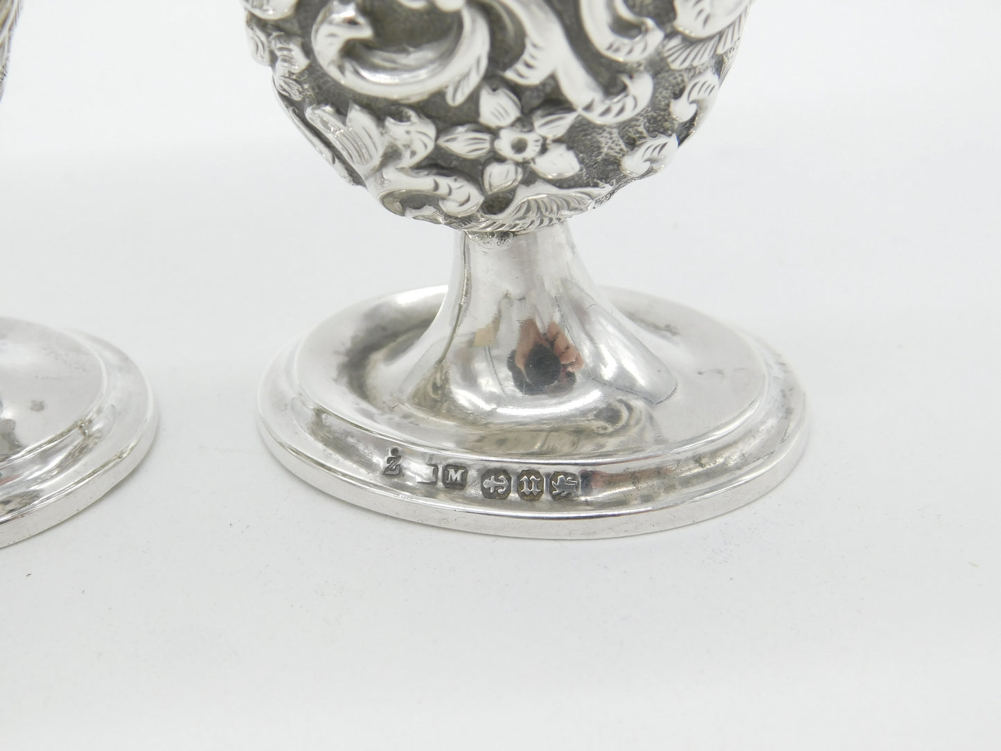 Victorian Pair of Sterling Silver Floral Pattern Salt & Pepper Shakers 1894