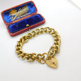 Large 9ct Yellow Gold Curb Link Charm Bracelet with Heart Lock Clasp 1978 London