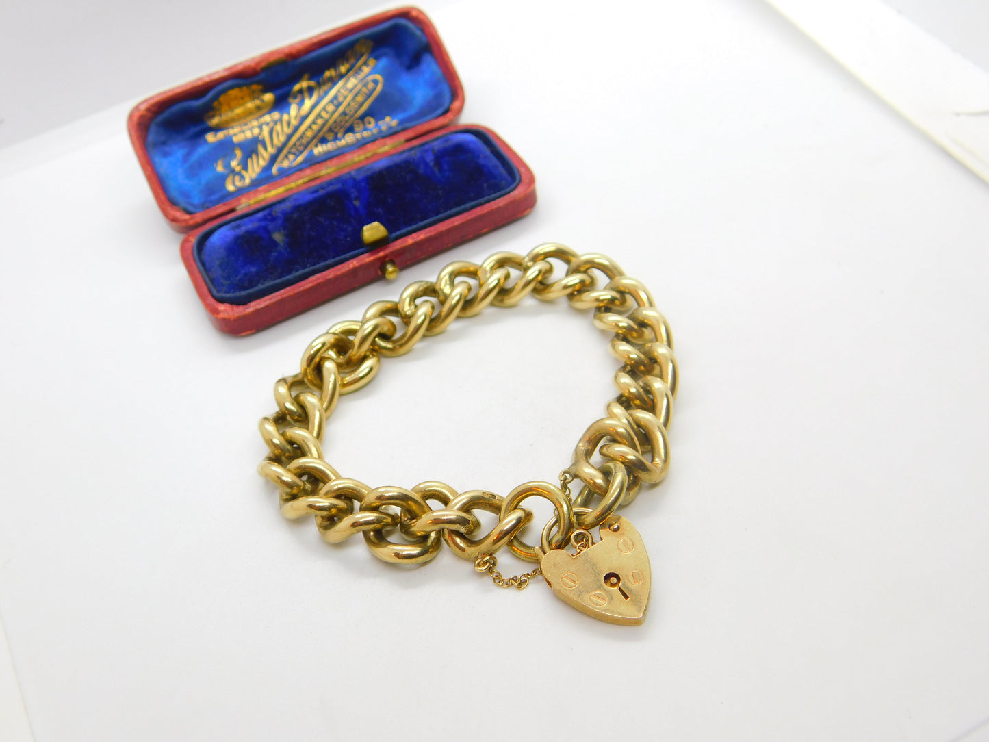 Large 9ct Yellow Gold Curb Link Charm Bracelet with Heart Lock Clasp 1978 London