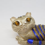 Chinese Sterling Silver, Blue Enamel & Tiger's Eye Cat Brooch Vintage c1960