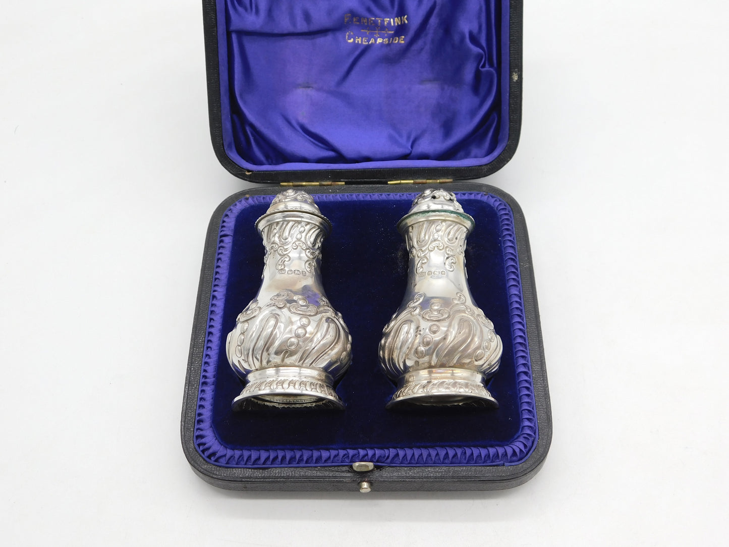 Victorian Boxed Set of Sterling Silver Pepper Shakers Antique 1897 Sheffield