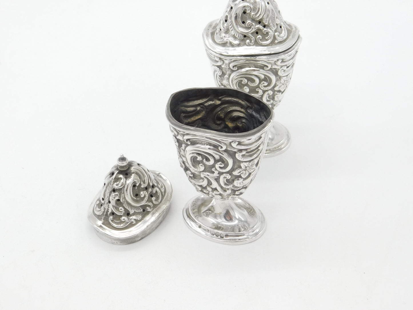 Victorian Pair of Sterling Silver Floral Pattern Salt & Pepper Shakers 1894