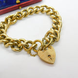 Large 9ct Yellow Gold Curb Link Charm Bracelet with Heart Lock Clasp 1978 London