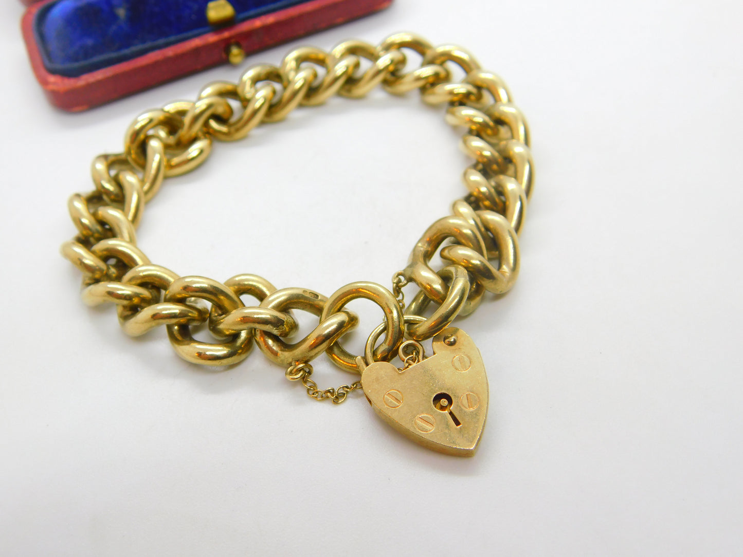 Large 9ct Yellow Gold Curb Link Charm Bracelet with Heart Lock Clasp 1978 London