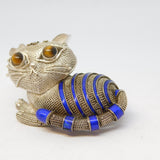 Chinese Sterling Silver, Blue Enamel & Tiger's Eye Cat Brooch Vintage c1960