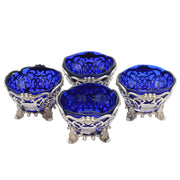 Victorian Set of Sterling Silver, Glass Pierced Salt Cellars Antique 1840 London