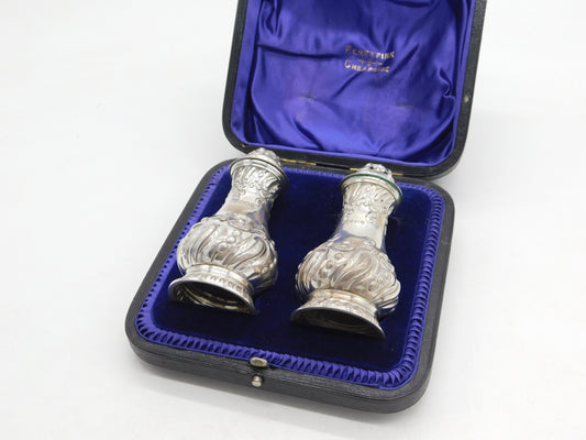 Victorian Boxed Set of Sterling Silver Pepper Shakers Antique 1897 Sheffield