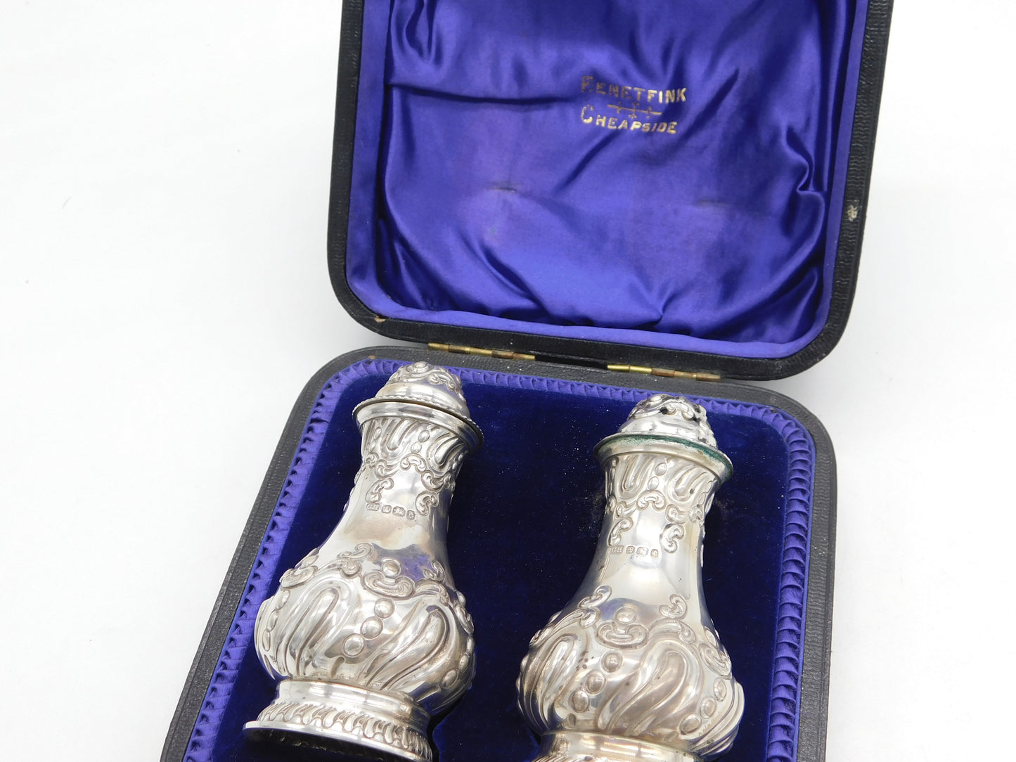 Victorian Boxed Set of Sterling Silver Pepper Shakers Antique 1897 Sheffield