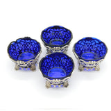 Victorian Set of Sterling Silver, Glass Pierced Salt Cellars Antique 1840 London