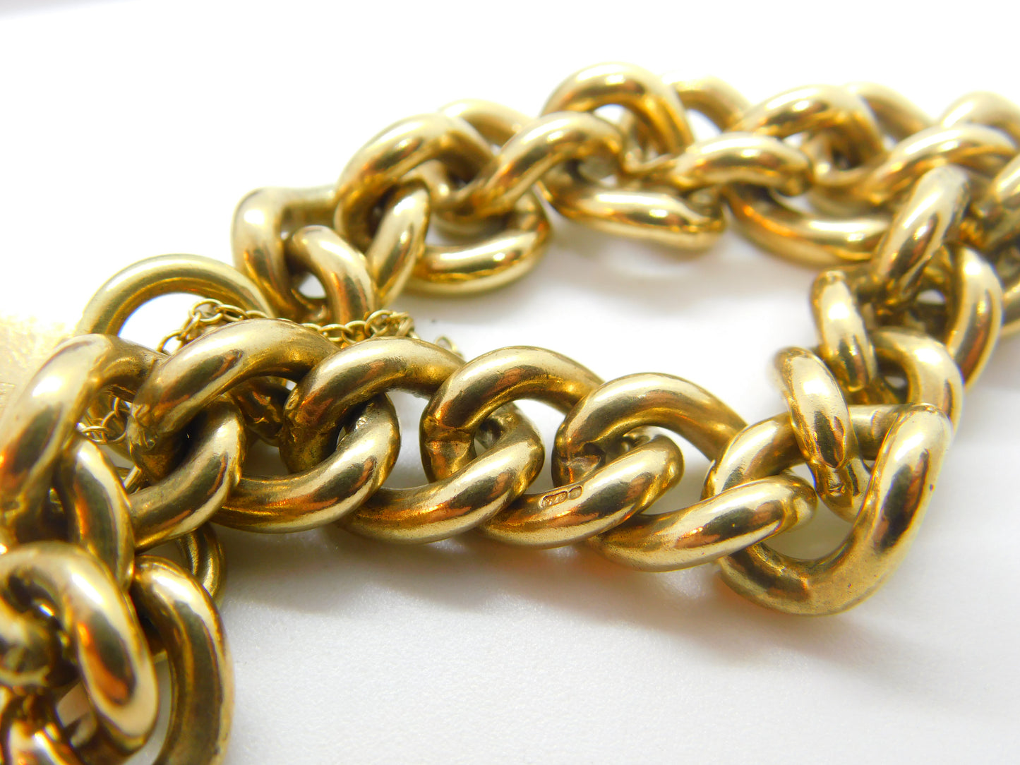 Large 9ct Yellow Gold Curb Link Charm Bracelet with Heart Lock Clasp 1978 London