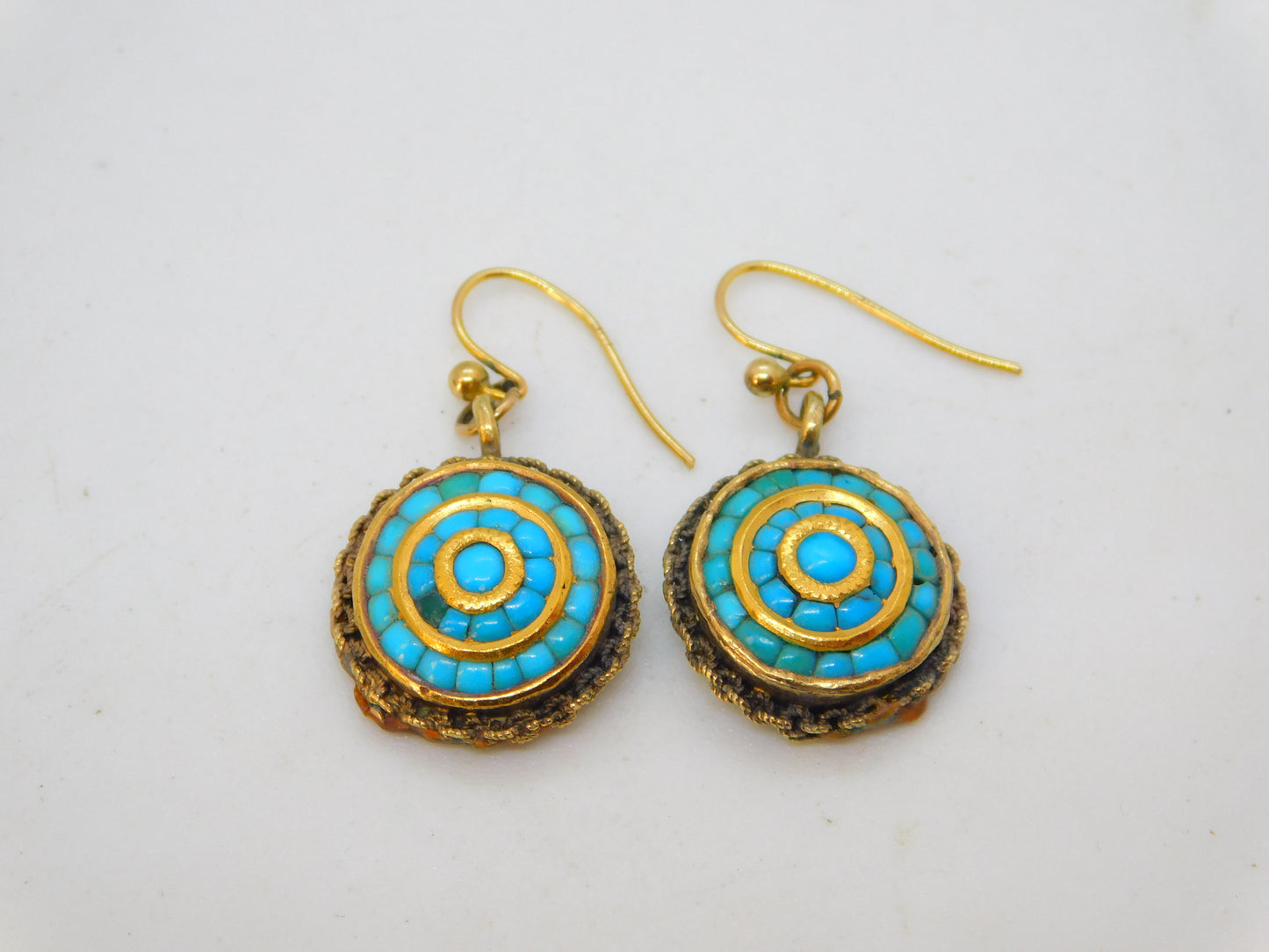 Victorian 15ct Yellow Gold & Turquoise Set Etruscan Style Hook Earrings Antique c1840