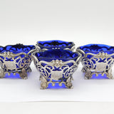 Victorian Set of Sterling Silver, Glass Pierced Salt Cellars Antique 1840 London