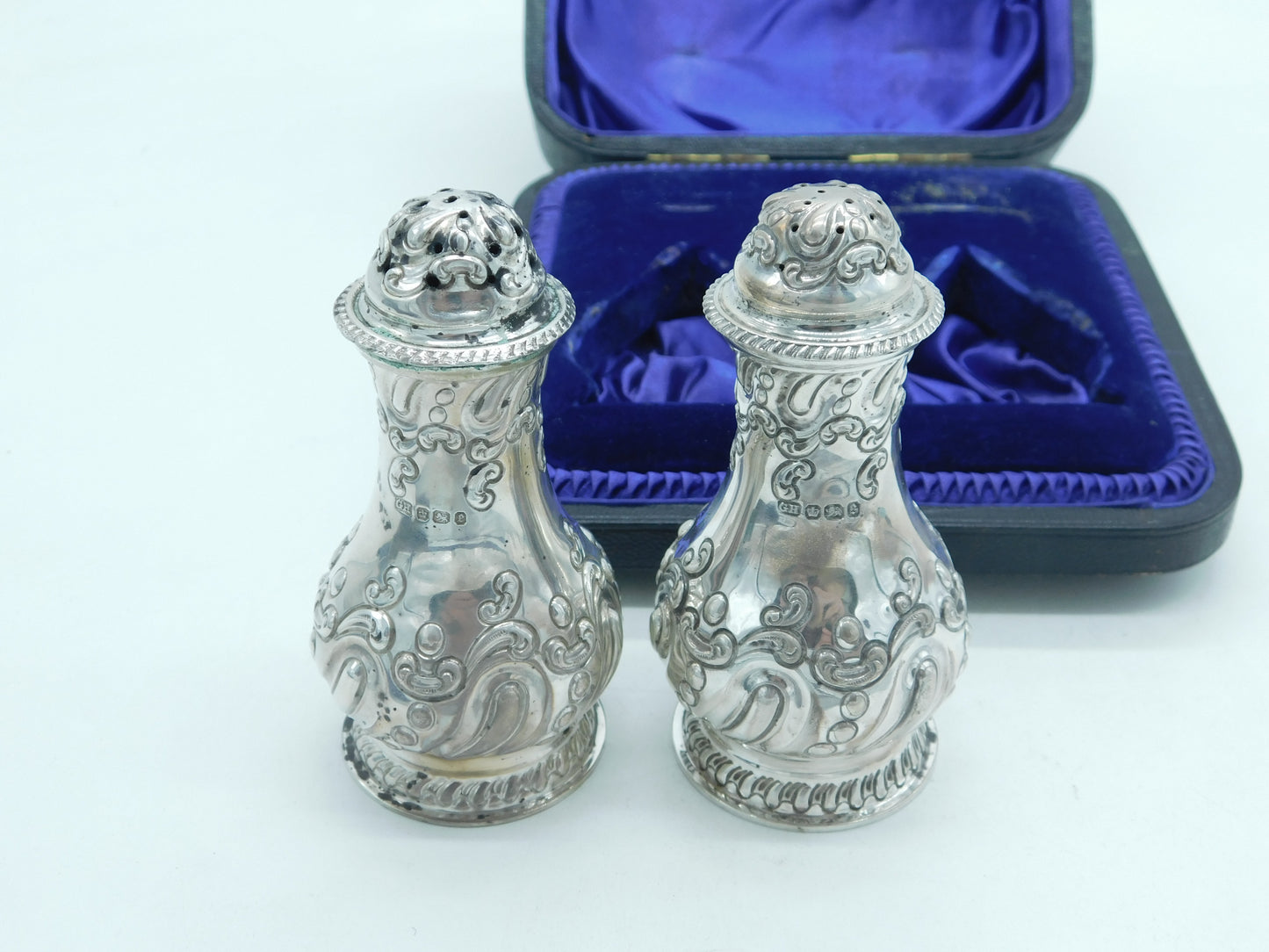 Victorian Boxed Set of Sterling Silver Pepper Shakers Antique 1897 Sheffield