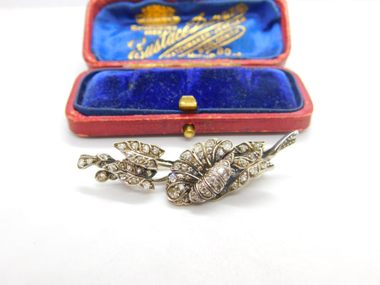 Art Nouveau 14ct Yellow Gold & Pave Set 1.1ct Diamond Floral Brooch c1880 Antique