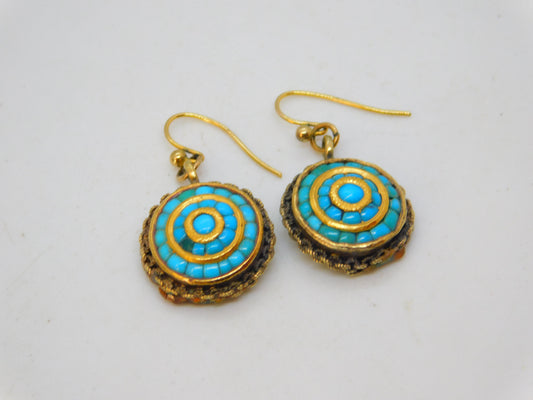 Victorian 15ct Yellow Gold & Turquoise Set Etruscan Style Hook Earrings Antique c1840