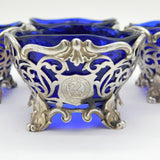 Victorian Set of Sterling Silver, Glass Pierced Salt Cellars Antique 1840 London