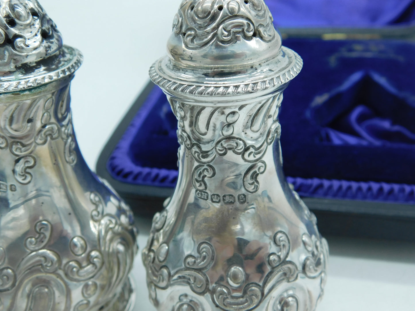 Victorian Boxed Set of Sterling Silver Pepper Shakers Antique 1897 Sheffield