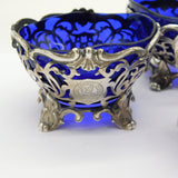 Victorian Set of Sterling Silver, Glass Pierced Salt Cellars Antique 1840 London