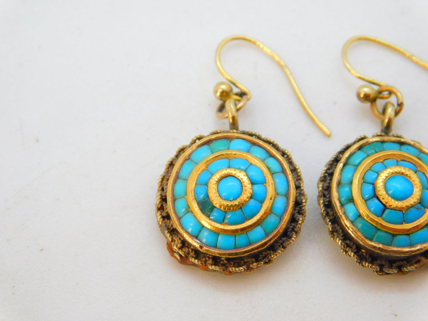 Victorian 15ct Yellow Gold & Turquoise Set Etruscan Style Hook Earrings Antique c1840