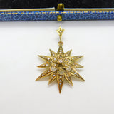 Edwardian 9ct Gold, Seed Pearl & Diamond Starburst Drop Pendant Antique c1910
