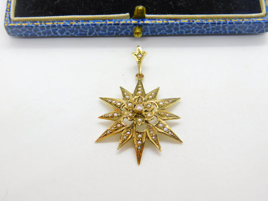 Edwardian 9ct Gold, Seed Pearl & Diamond Starburst Drop Pendant Antique c1910