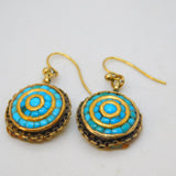 Victorian 15ct Yellow Gold & Turquoise Set Etruscan Style Hook Earrings Antique c1840