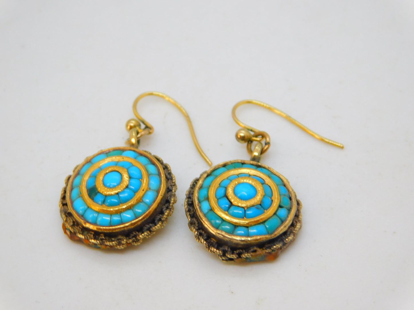 Victorian 15ct Yellow Gold & Turquoise Set Etruscan Style Hook Earrings Antique c1840