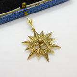 Edwardian 9ct Gold, Seed Pearl & Diamond Starburst Drop Pendant Antique c1910