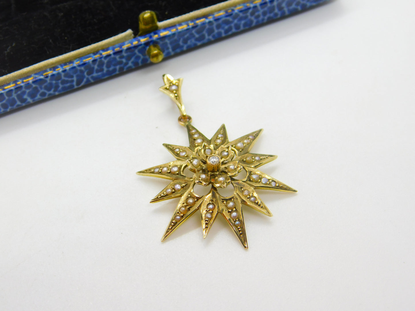 Edwardian 9ct Gold, Seed Pearl & Diamond Starburst Drop Pendant Antique c1910