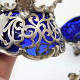 Victorian Set of Sterling Silver, Glass Pierced Salt Cellars Antique 1840 London