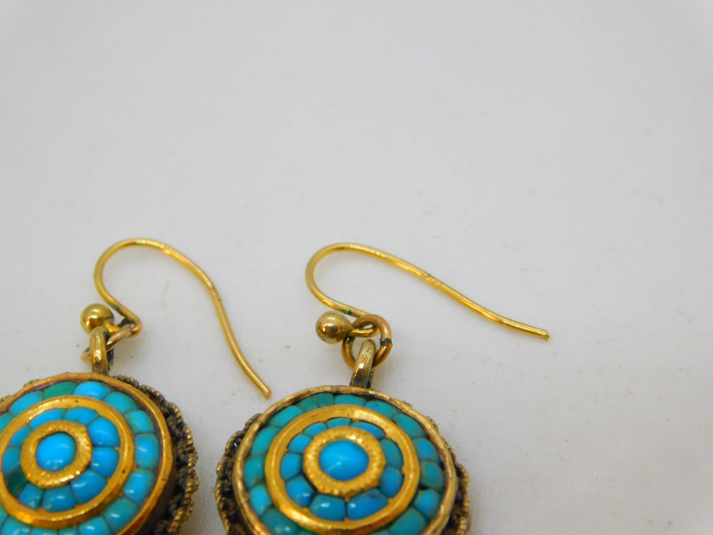 Victorian 15ct Yellow Gold & Turquoise Set Etruscan Style Hook Earrings Antique c1840