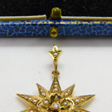 Edwardian 9ct Gold, Seed Pearl & Diamond Starburst Drop Pendant Antique c1910