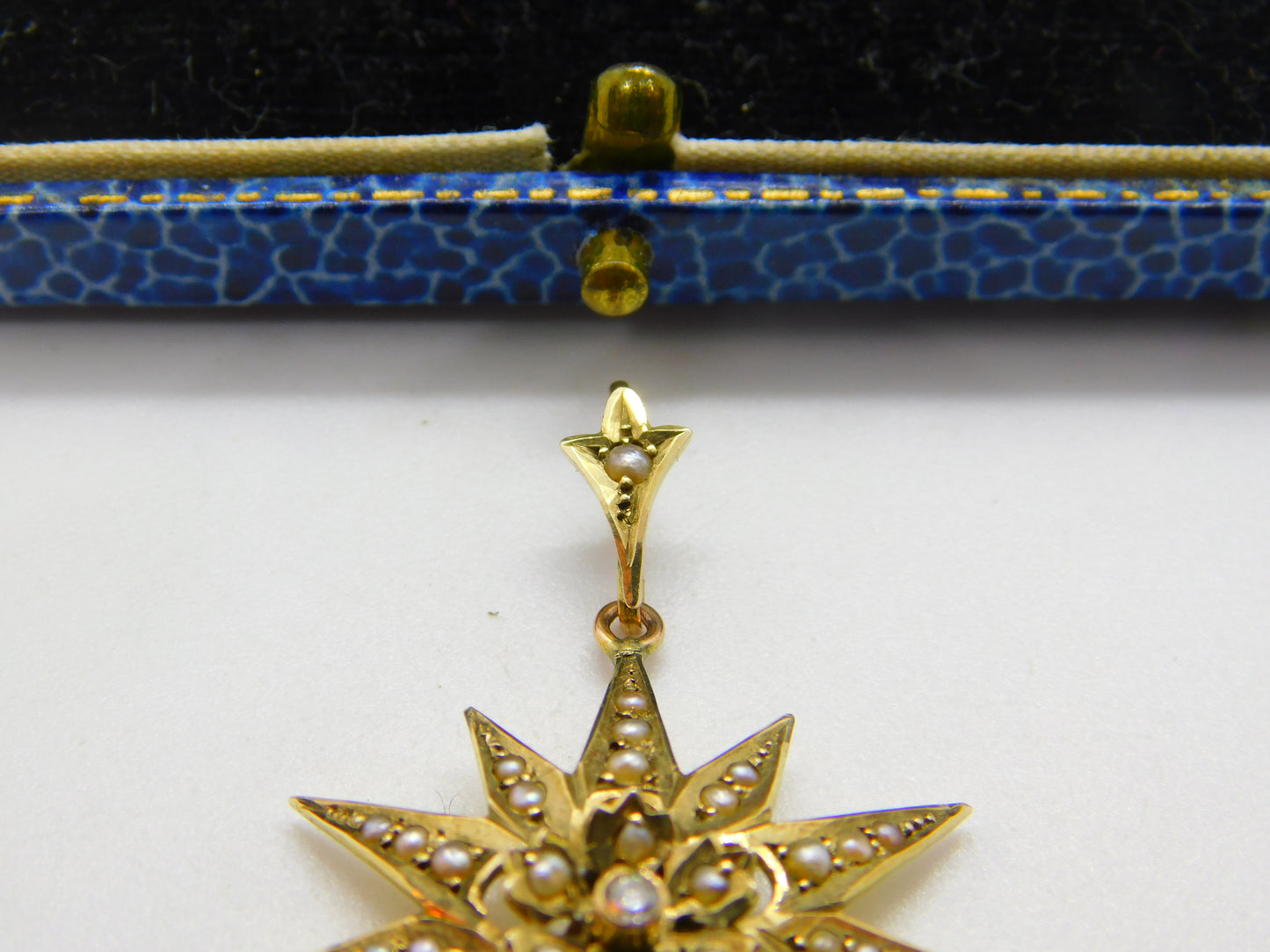 Edwardian 9ct Gold, Seed Pearl & Diamond Starburst Drop Pendant Antique c1910