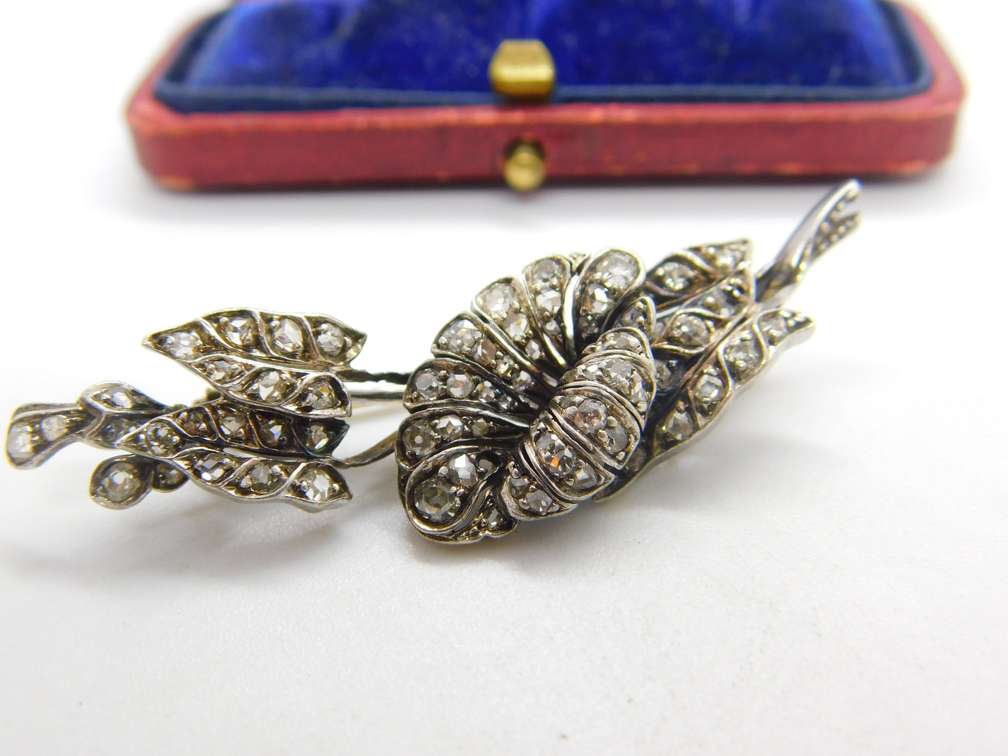 Art Nouveau 14ct Yellow Gold & Pave Set 1.1ct Diamond Floral Brooch c1880 Antique