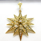 Edwardian 9ct Gold, Seed Pearl & Diamond Starburst Drop Pendant Antique c1910