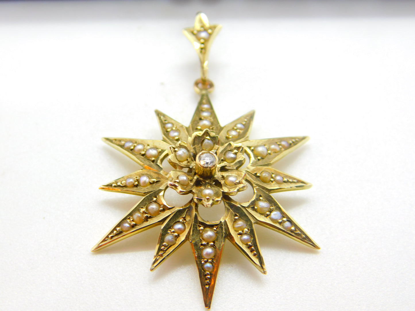 Edwardian 9ct Gold, Seed Pearl & Diamond Starburst Drop Pendant Antique c1910